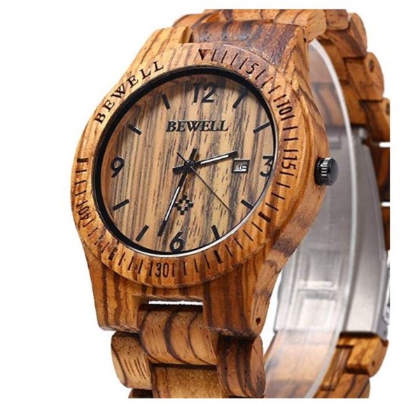 Mens Bewell Zebra Wood Analog Handmade Wrist Watch - Picture 2 of 3